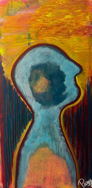 Abstract profile of a blue figure against warm, textured background.