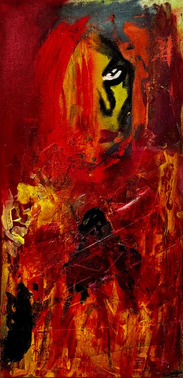 Abstract painting with intense reds, yellows, and a striking eye shape.