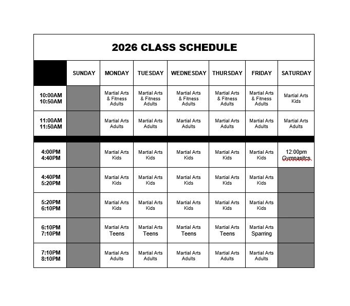 2026 class schedule for martial arts and fitness for adults, kids, and teens.