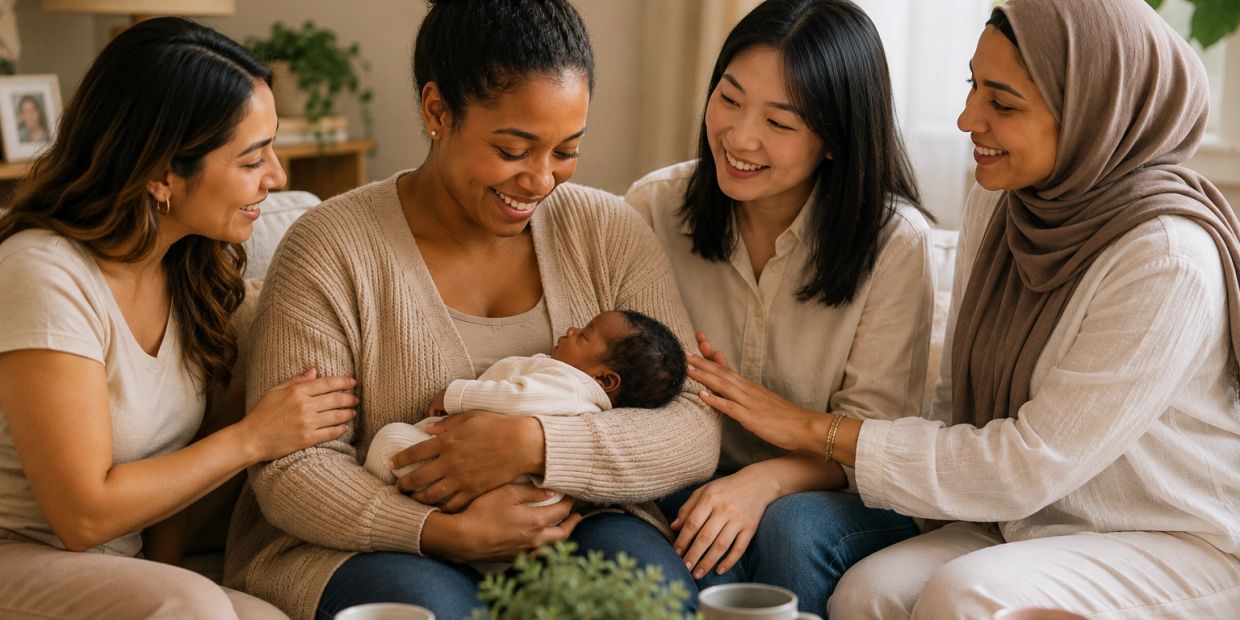 Four women joyfully admire a newborn baby in a cozy living room.
