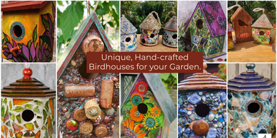 Mosaic and painted birdhouses for indoor / outdoor use. 