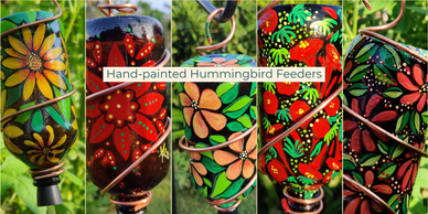 Hand-painted hummingbird feeders.