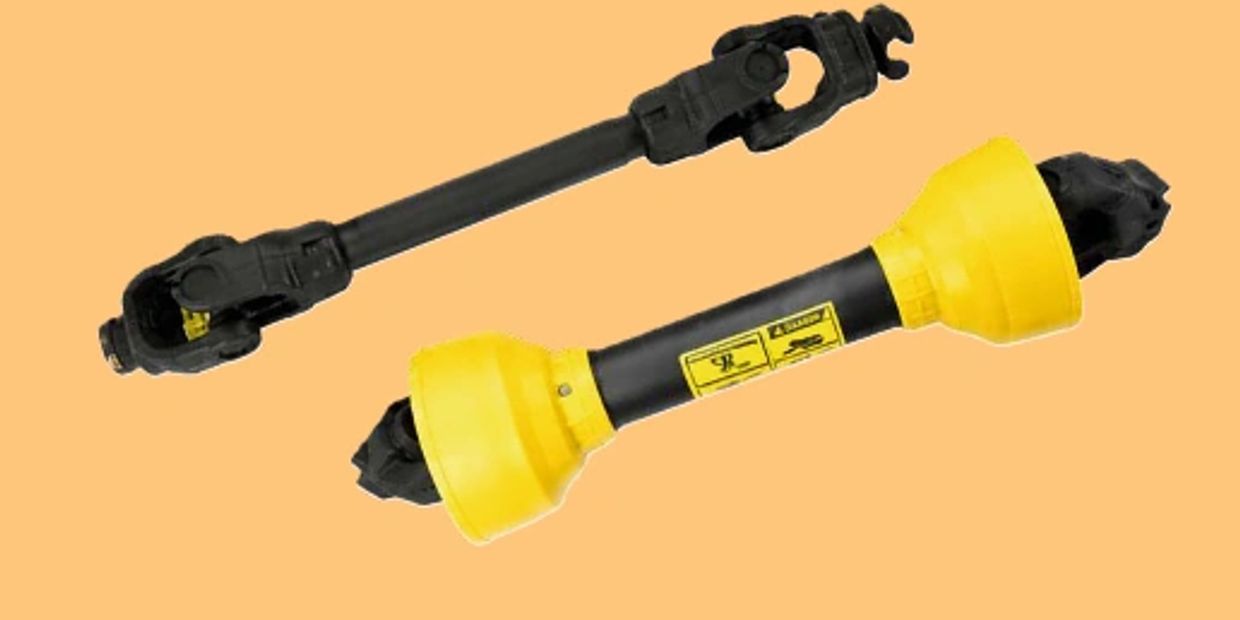 Two different types of mechanical drive shafts on an orange background.
