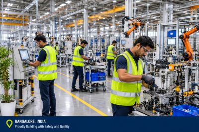 Workers in safety vests operating machinery in a factory.