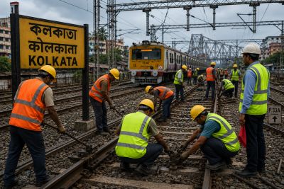 Workers repairing railway tracks near Kolkata station.