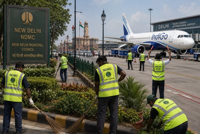Workers cleaning near New Delhi Municipal Council sign and Indigo airplane.