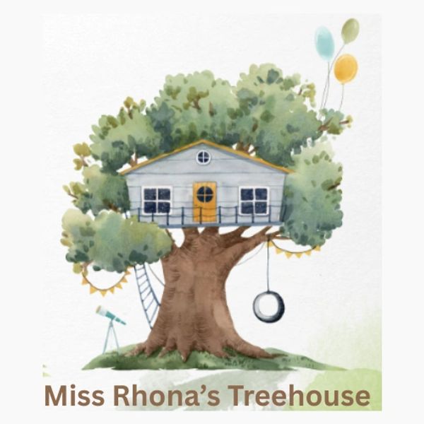 Watercolor illustration of a cozy treehouse nestled in a large leafy tree.