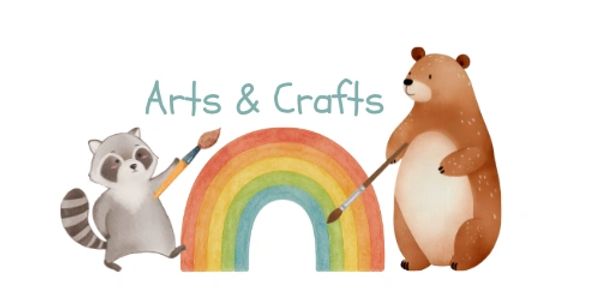 Cute raccoon and bear painting a rainbow for arts and crafts.