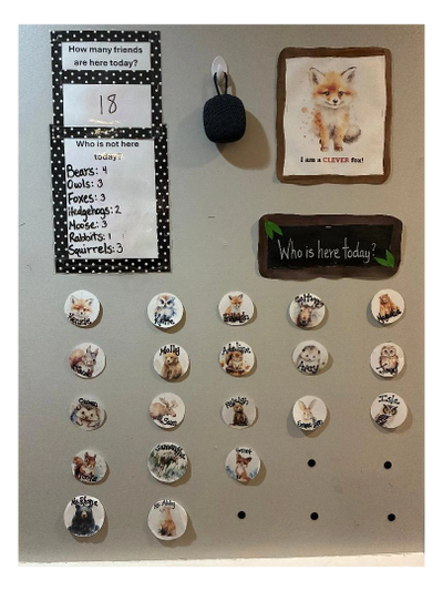 Classroom attendance board with animal icons and names showing 18 friends present today.