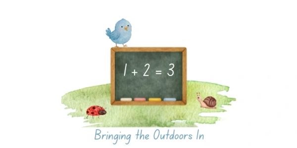 Chalkboard with simple math and outdoor animals on grass.
