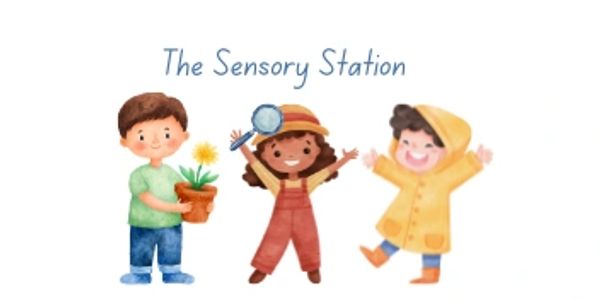 Three children engaged in sensory activities under 'The Sensory Station' sign.