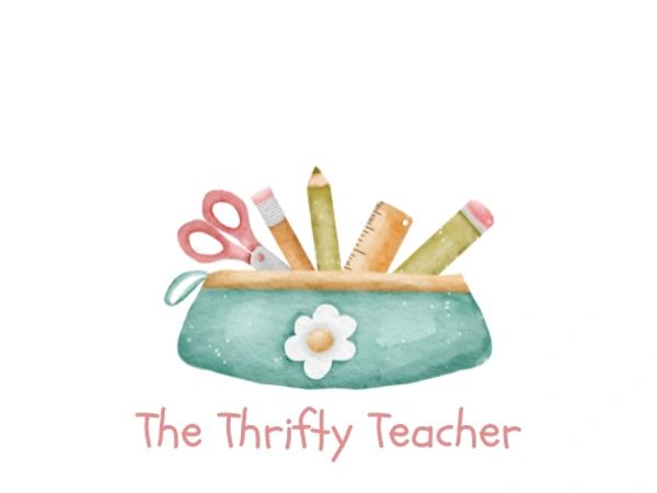 Watercolor illustration of a pencil case with school supplies and 'The Thrifty Teacher' text.