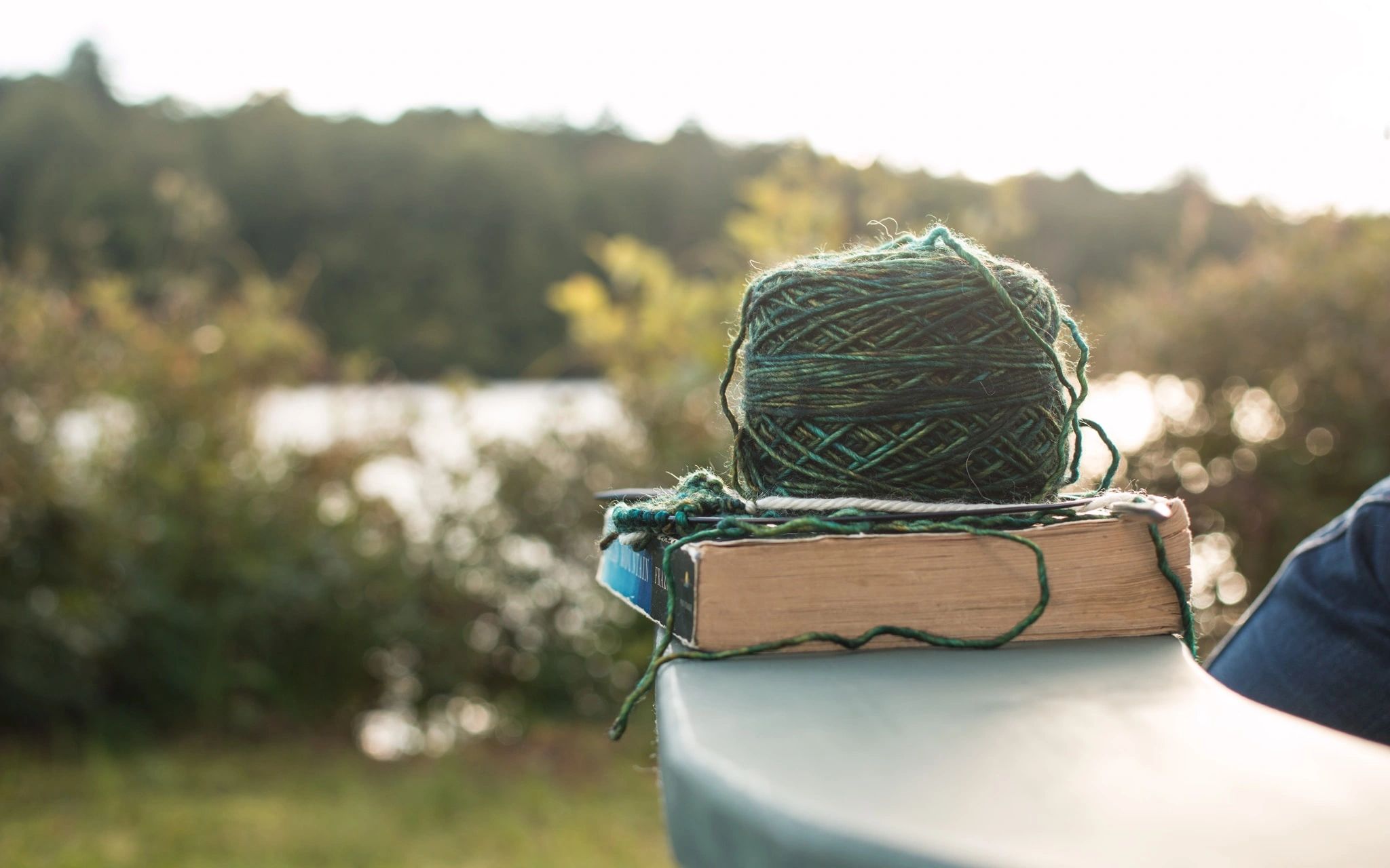 Outdoor scene lake, ball of yarn, book 