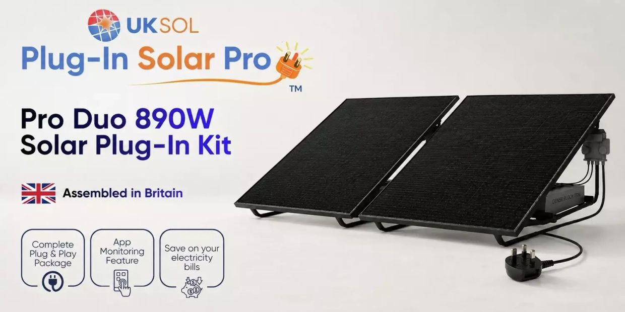 UKSOL Pro Duo 890W Solar Plug-In Kit with app monitoring and energy savings.