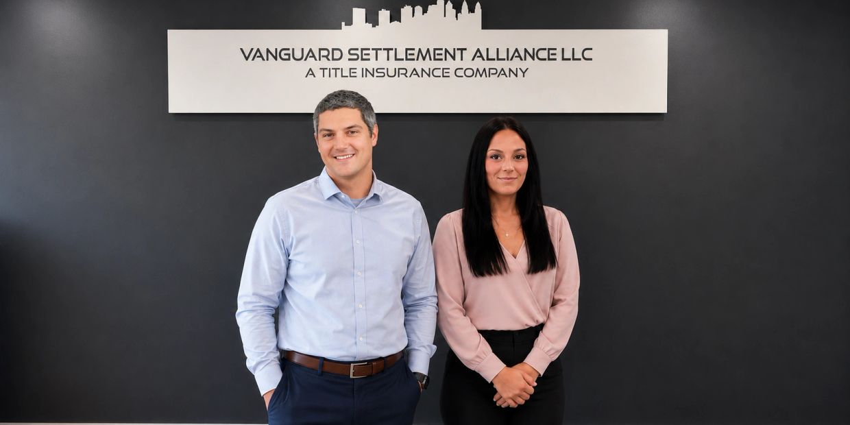 Two professionals standing in front of Vanguard Settlement Alliance LLC sign.