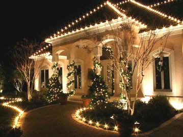House decorated with Christmas lights and trees.