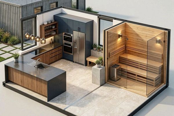 Technical 3D floor plan of THE DUO° modular home showing custom luxury kitchen layout and integrated