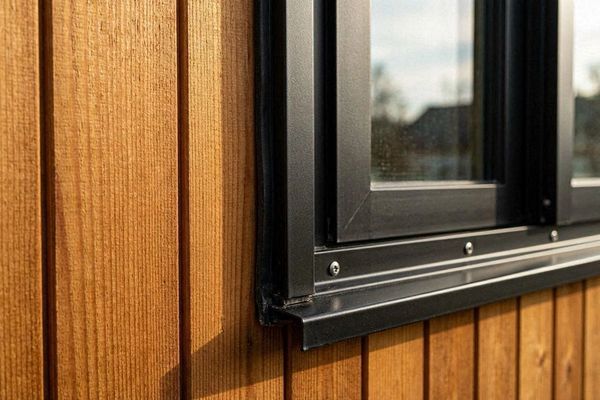 Close-up architectural detail of vertical grain cedar siding and matte black window frame connection