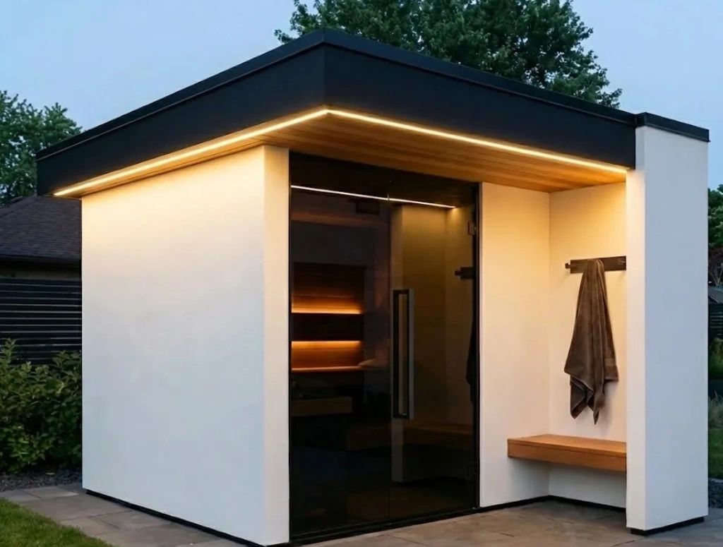 Modern outdoor sauna with sleek glass door and warm ambient lighting.