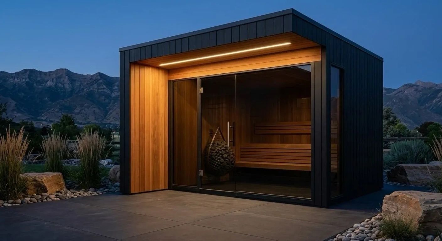 Modern outdoor sauna with glass door and wooden interior at dusk.