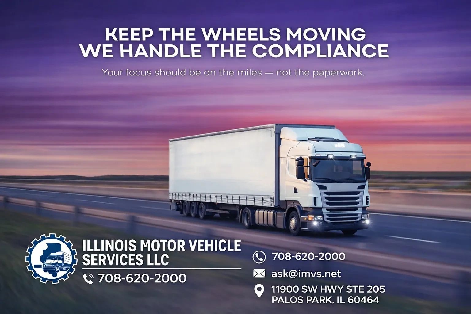 A white truck on a highway at sunset with compliance service details.