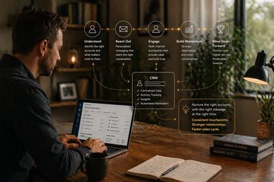 Sales leader working with AI to enhance the CRM process on a laptop in a home office