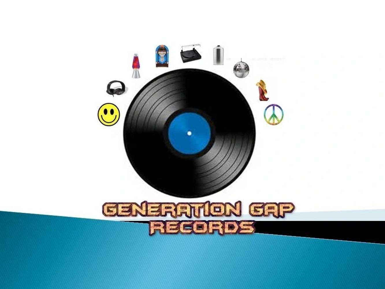 Logo with vinyl record and retro icons, titled Generation Gap Records.
