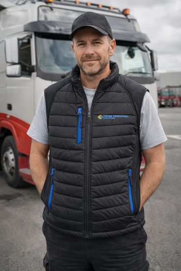 Confident truck driver in black vest standing in front of a truck.