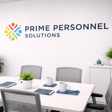 Modern conference room with Prime Personnel Solutions logo on the wall.