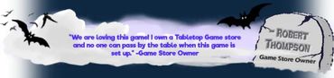 Testimonial quote praising a tabletop game with a spooky graveyard theme.