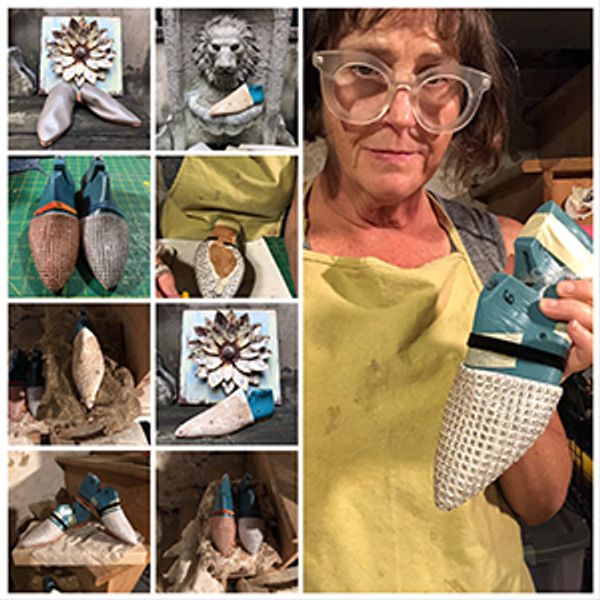 Anne as maker with sample shoes