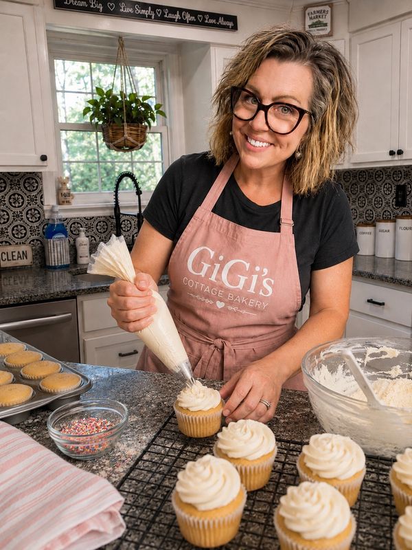 Woman in GiGi's apron decorating cupcakes in kitchen.