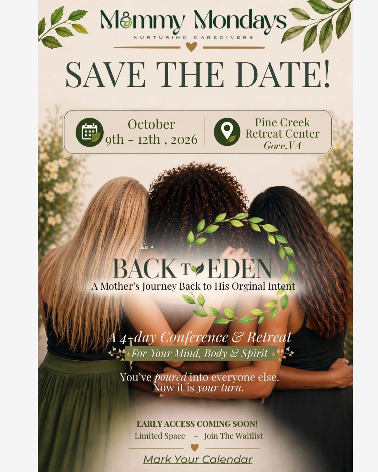 Mommy Mondays Save the Date for a 4-day spiritual retreat in October 2026.
