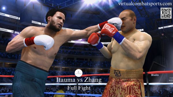 Two boxers fighting in a virtual boxing match inside a ring.