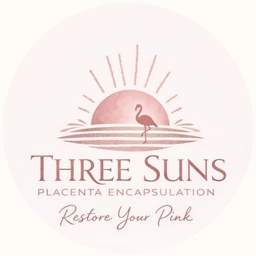 Logo for Three Suns placenta encapsulation with a flamingo and sun.