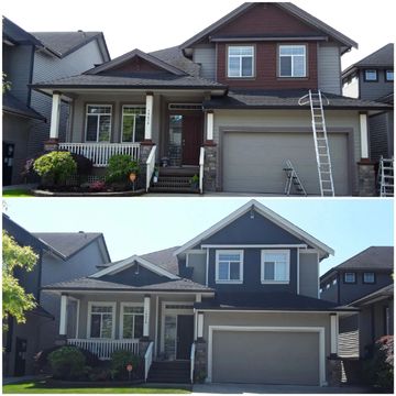 Before and after photos of a house exterior renovation with new paint.