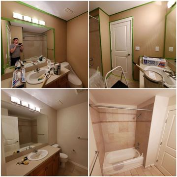 Bathroom before and after painting with tools and fresh coat of paint.