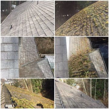 Before and after roof cleaning showing removal of moss and debris.