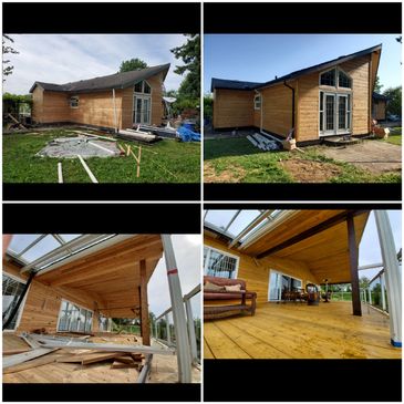 Progress and completion of a wooden house with a porch area.