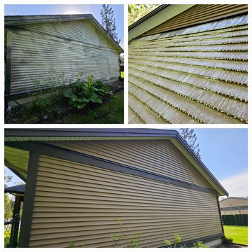 Side of a house showing before and after cleaning of siding with dirt and grime removed.