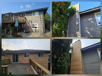 Before and after wooden siding renovation on a house exterior and chimney.