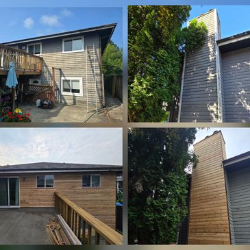 Before and after wooden siding renovation on a house exterior and chimney.