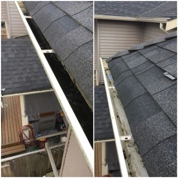 Side-by-side comparison of a dirty and clean roof gutter.