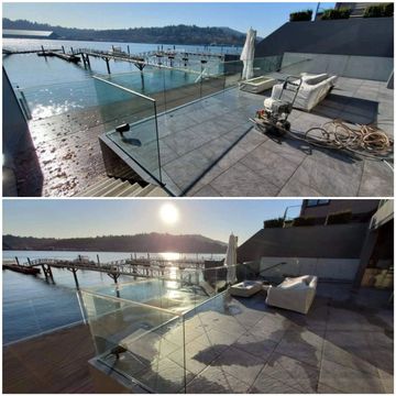 Waterfront patio before and after cleaning with a pressure washer.