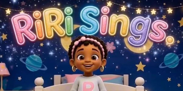 Animated girl under colorful 'RiRi Sings' sign.