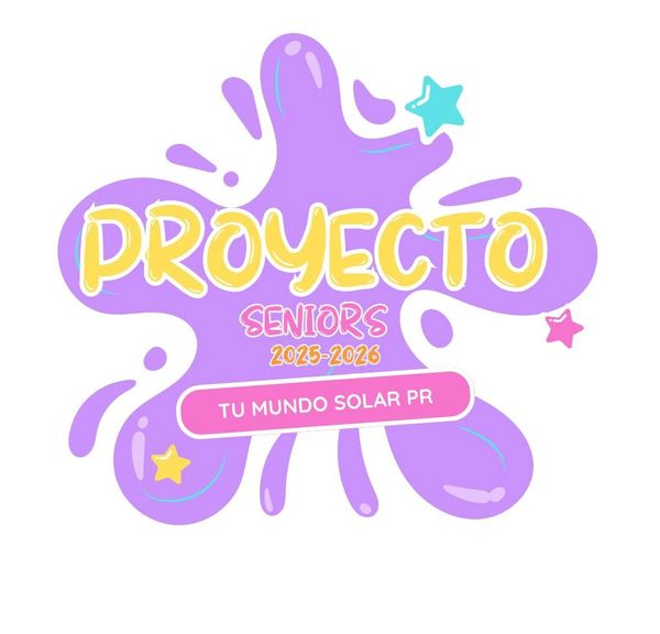 Colorful logo for Proyecto Seniors 2025-2026 with stars and splash background.