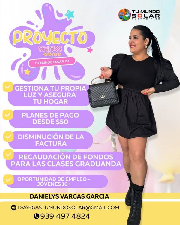 Young woman promotes Proyecto Seniors 2025-2026 by Tu Mundo Solar PR with benefits and contact details.