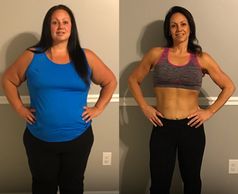 Before and after weight loss transformation of a woman in fitness attire.