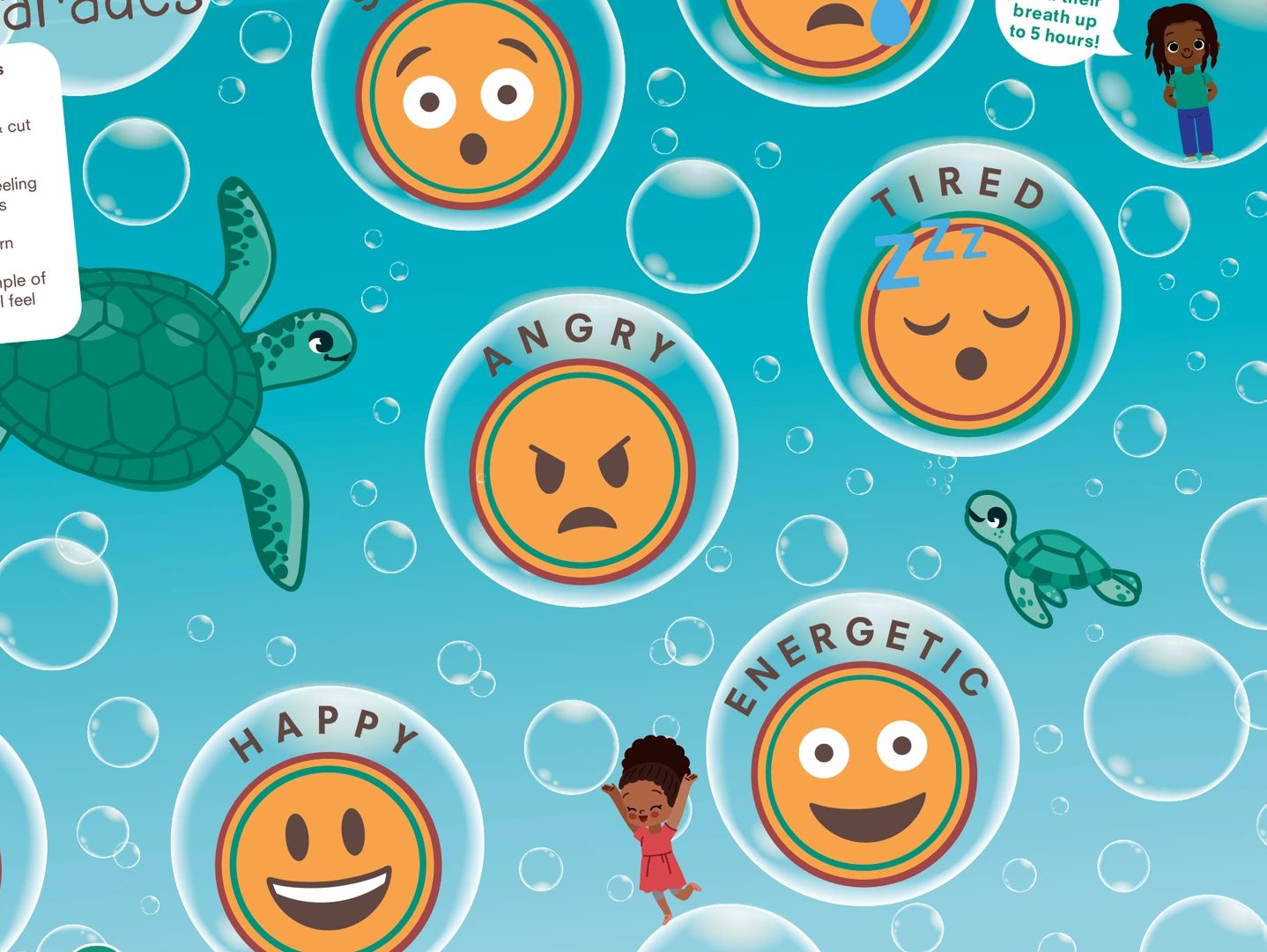 Emotions shown as emoji faces inside bubbles with sea turtles.