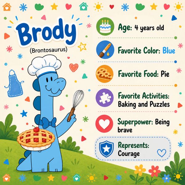 Brody the Brontosaurus loves baking and puzzles.